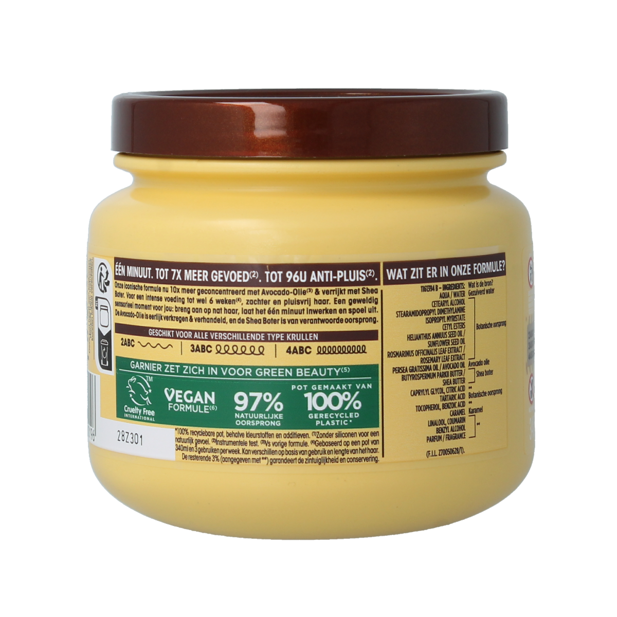 Garnier Loving Blends Avocado & Karite face mask jar, 340ml, moisturizing skincare product with fresh avocado and shea butter ingredients.
