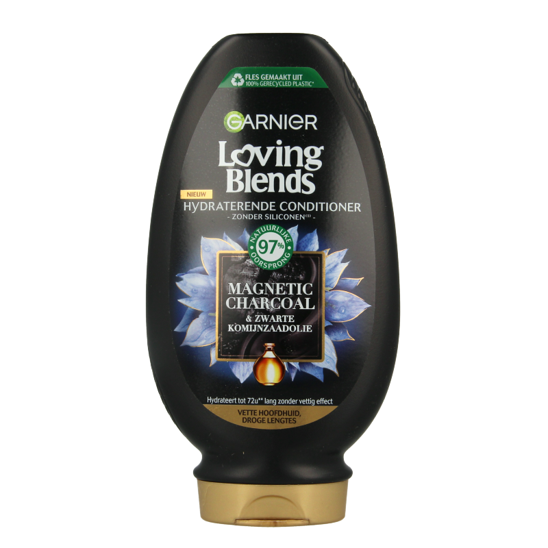 Garnier Loving Blends charcoal conditioner in 250ml bottle, showing the hair care product with black and white packaging.