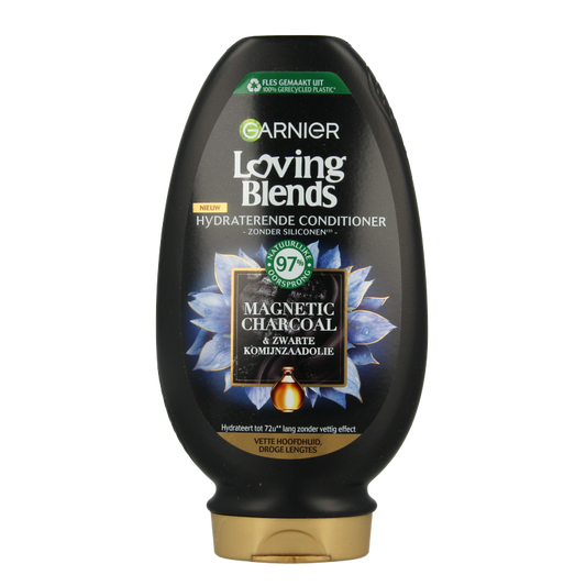 Garnier Loving Blends charcoal conditioner in 250ml bottle, showing the hair care product with black and white packaging.