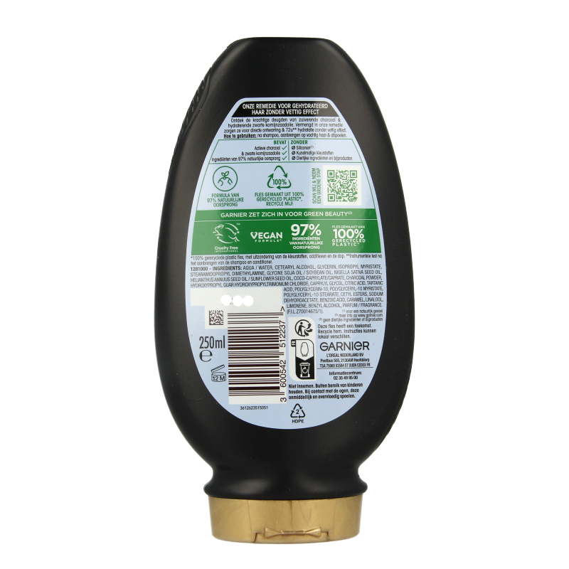 Garnier Loving Blends charcoal conditioner bottle, 250ml, for hair care with natural ingredients, shown in the image.