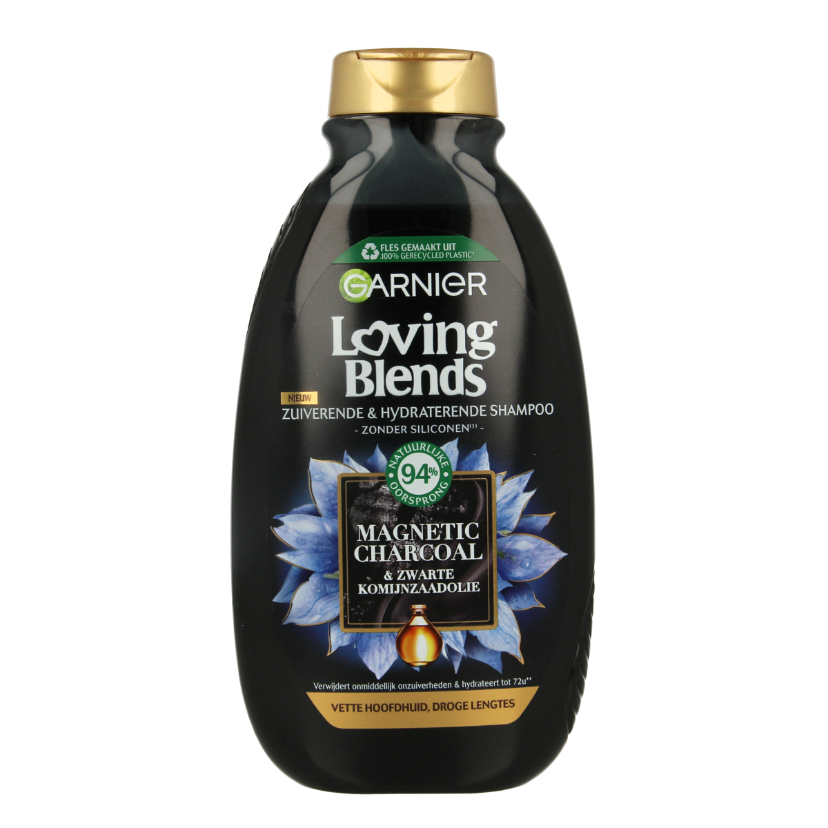 Garnier Loving Blends charcoal shampoo bottle, 300ml, for hair care with natural ingredients, shown from the front.