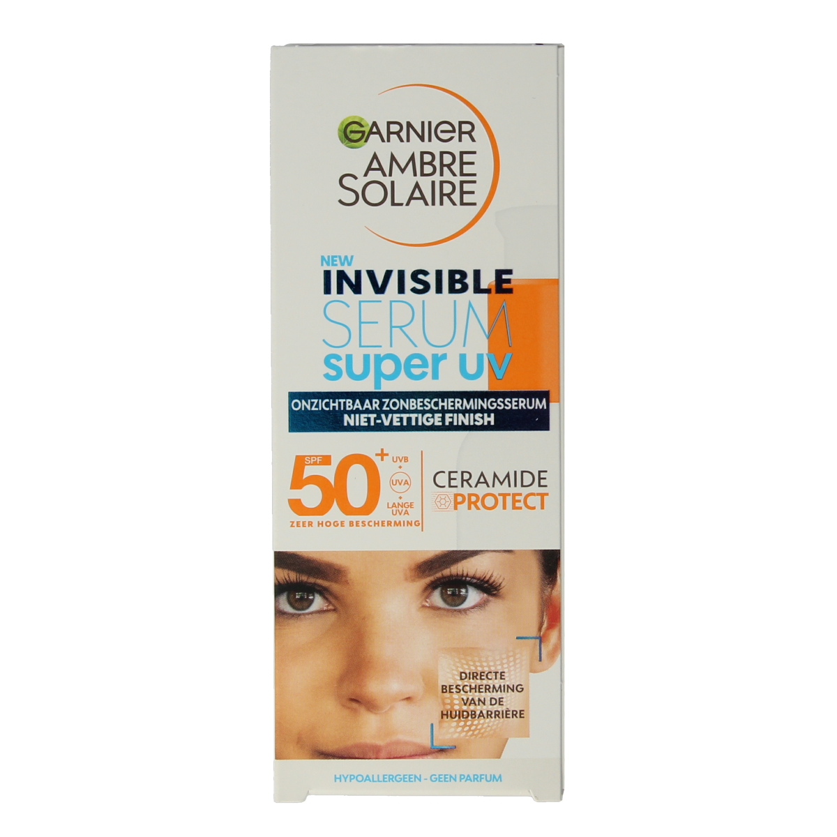 Ambre Solaire Sensitive face serum SPF50+ in a 30ml bottle, providing high sun protection with a lightweight, sensitive formula.
