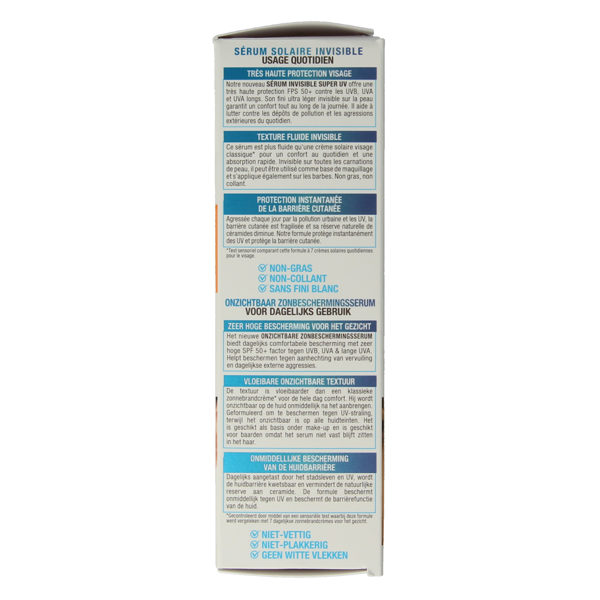 Ambre Solaire Sensitive face serum SPF50+ in 30ml bottle, showing the product with its packaging and label for sun protection.