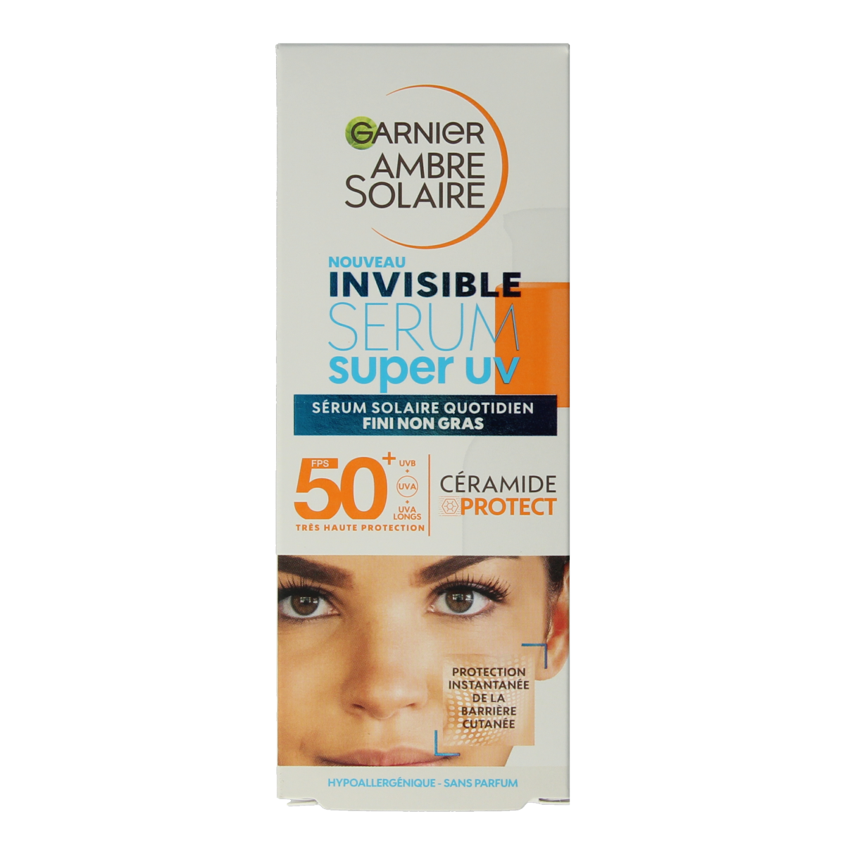 Ambre Solaire Sensitive SPF50+ face serum in 30ml bottle, sunscreens and hydrates sensitive skin naturally.