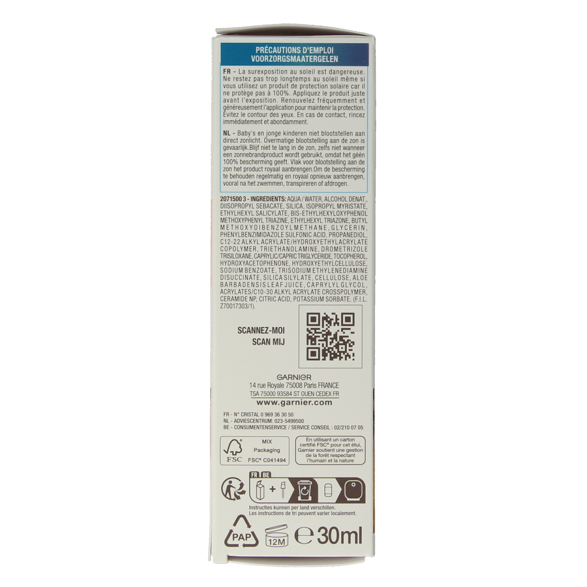 Ambre Solaire Sensitive face serum SPF50+ in 30ml bottle, lightweight sun protection serum for sensitive skin.