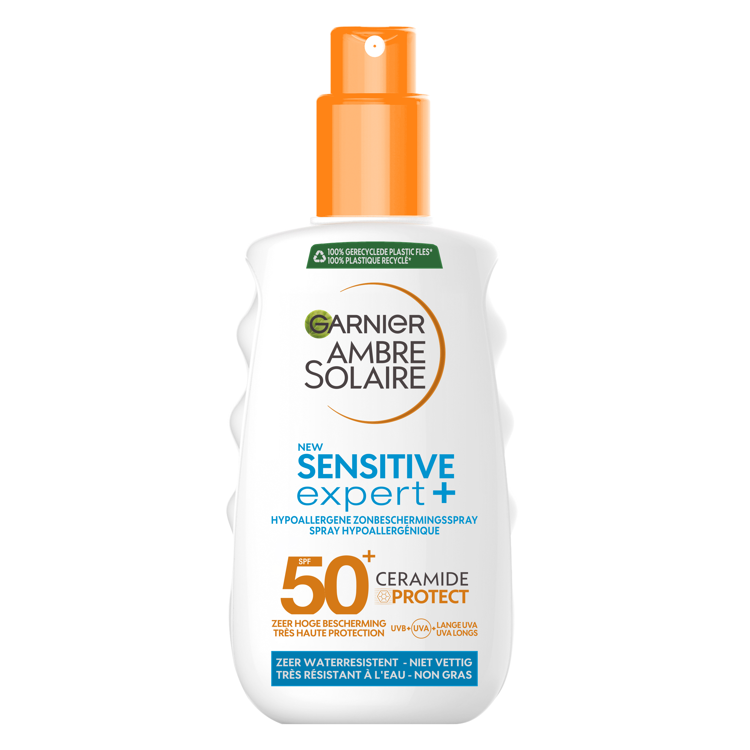Ambre Solaire Sensitive SPF50+ spray bottle for sun protection, 150ml, with transparent spray nozzle and label details.