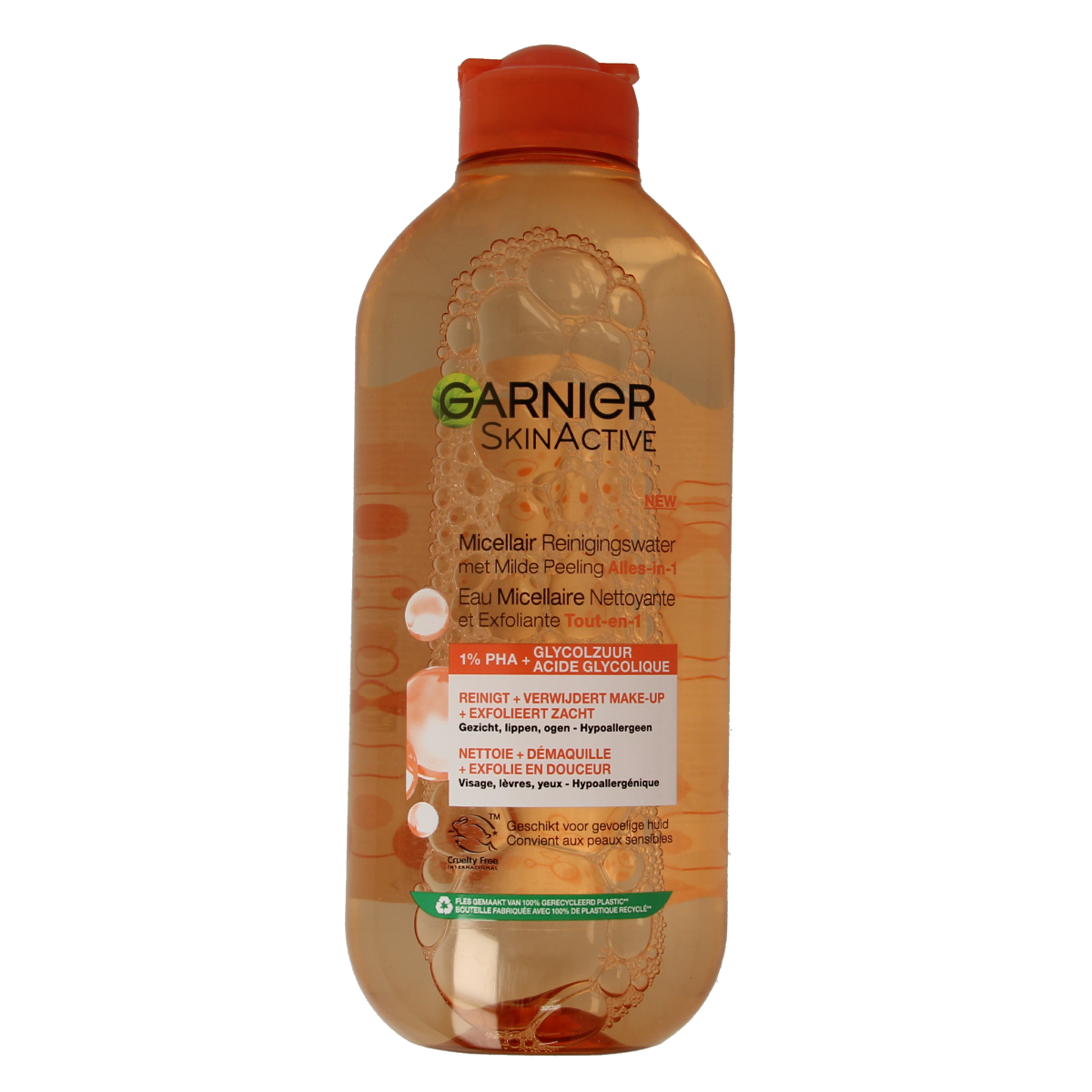 Garnier SkinActive micellar cleansing water with gentle peeling in a 400ml bottle, for face skincare and makeup removal.