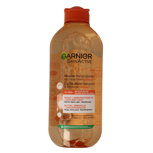 Garnier SkinActive micellar cleansing water with gentle peeling in a 400ml bottle, for face skincare and makeup removal.