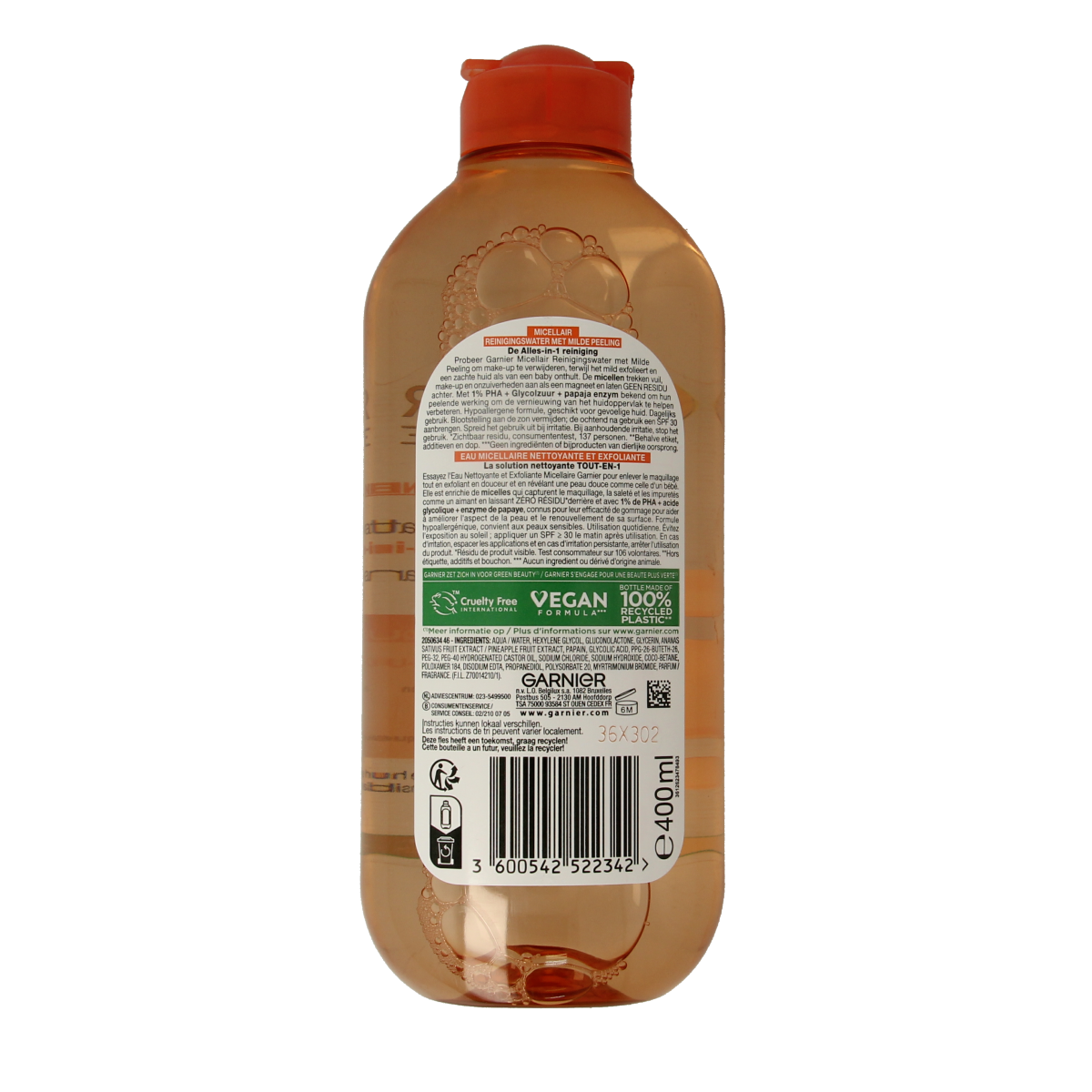 Garnier SkinActive micellar cleansing water with gentle peeling in a 400ml bottle, for facial skincare and cleansing.