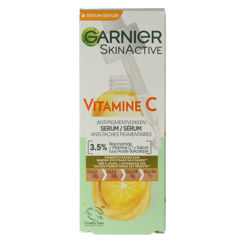 Garnier SkinActiv VitC anti-dark spot serum in 30ml bottle, facial skincare product with brightening and spot-reducing properties