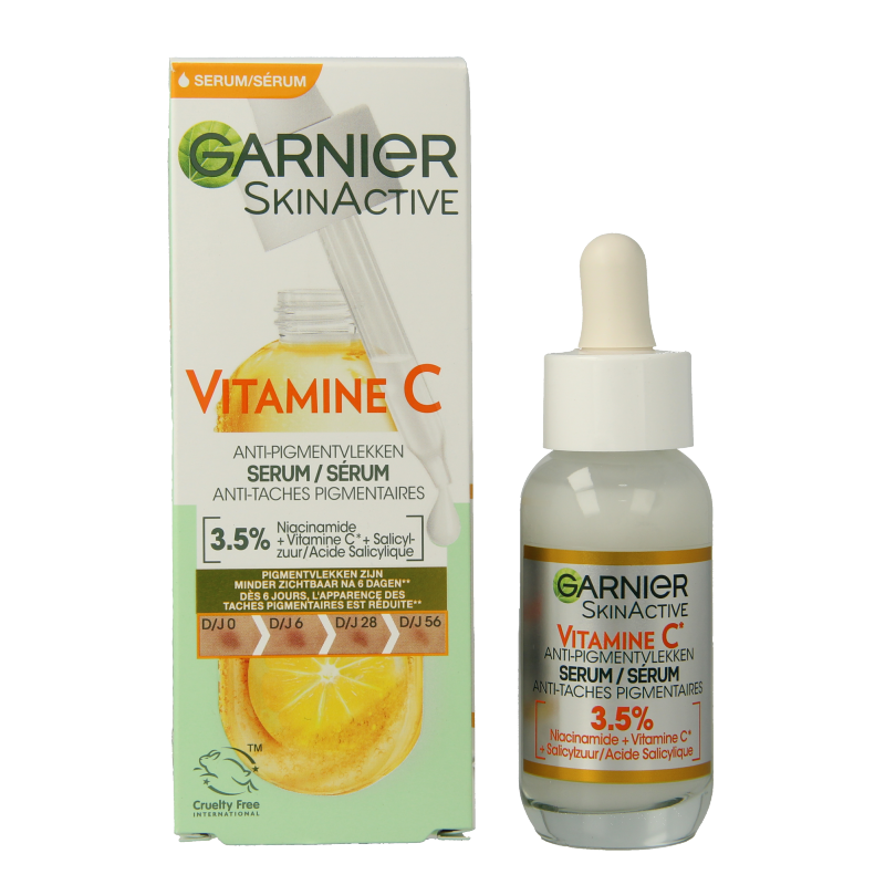 Garnier SkinActiv VitC anti-dark spot serum in 30ml bottle, featuring clear packaging with orange accents and dropper applicator