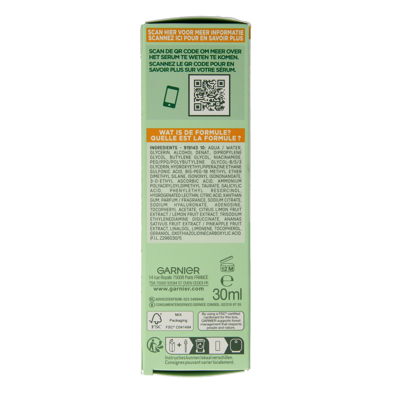 Garnier SkinActiv VitC anti-dark spot serum in 30ml bottle, featuring a clear dropper and bright packaging.