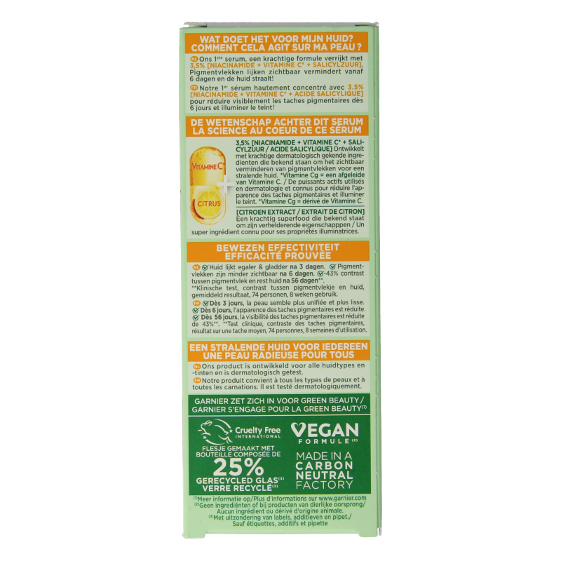 Garnier SkinActiv VitC anti-dark spot serum in a 30ml bottle, facial skincare product with brightening and dark spot reducing benefits