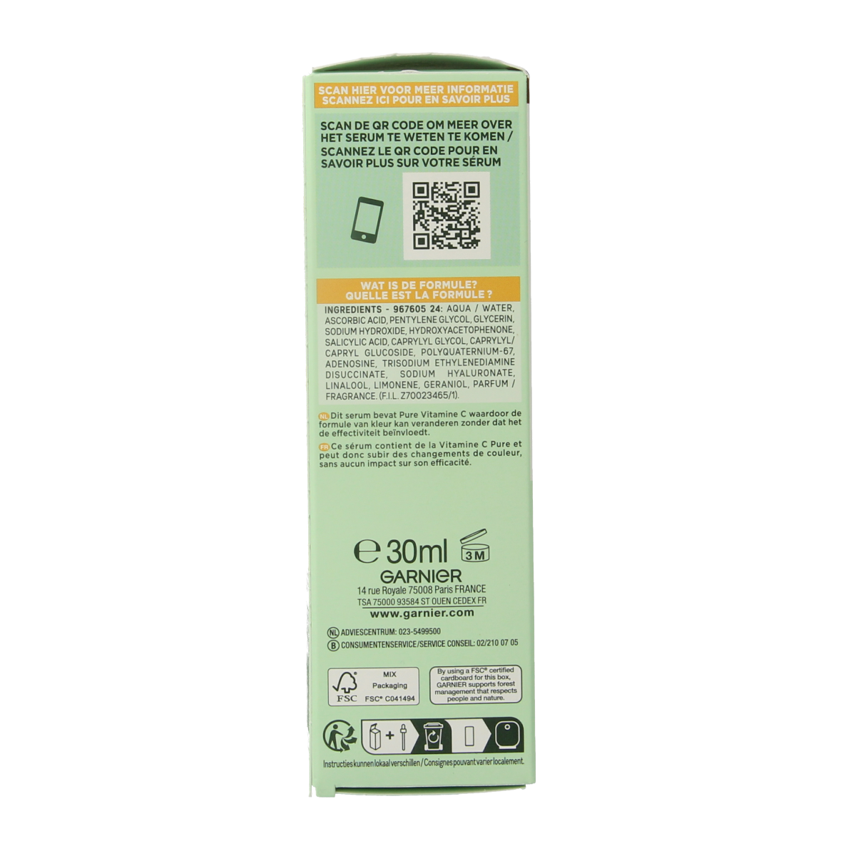 Garnier SkinActive nachtserum met vitamine C en hyaluronzuur voor gezichtsverzorging in 30ml, zichtbaar in de afbeelding.