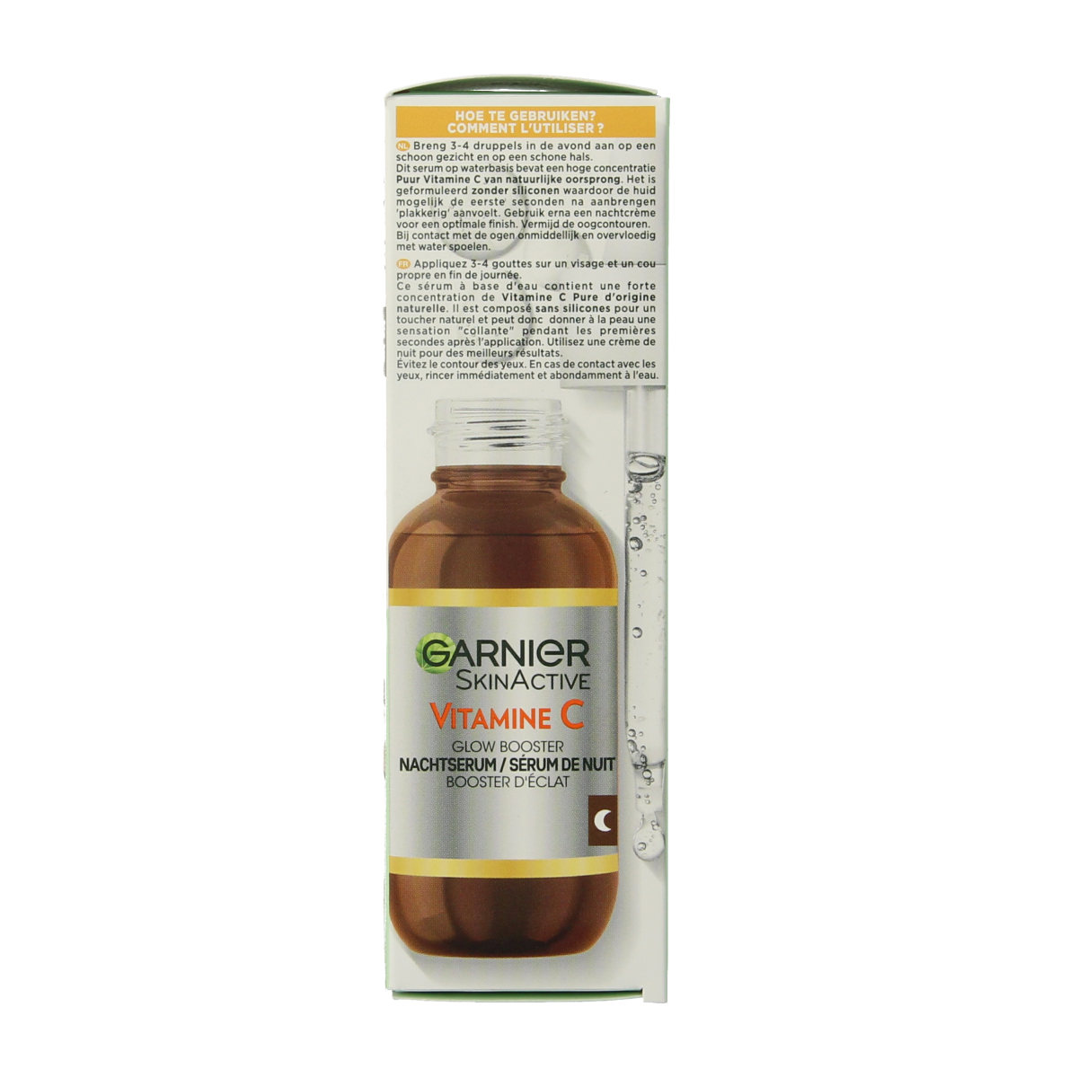Garnier SkinActive nachtserum met vitamine C en hyaluronzuur in een 30 ml fles, geschikt voor gezichtsverzorging.