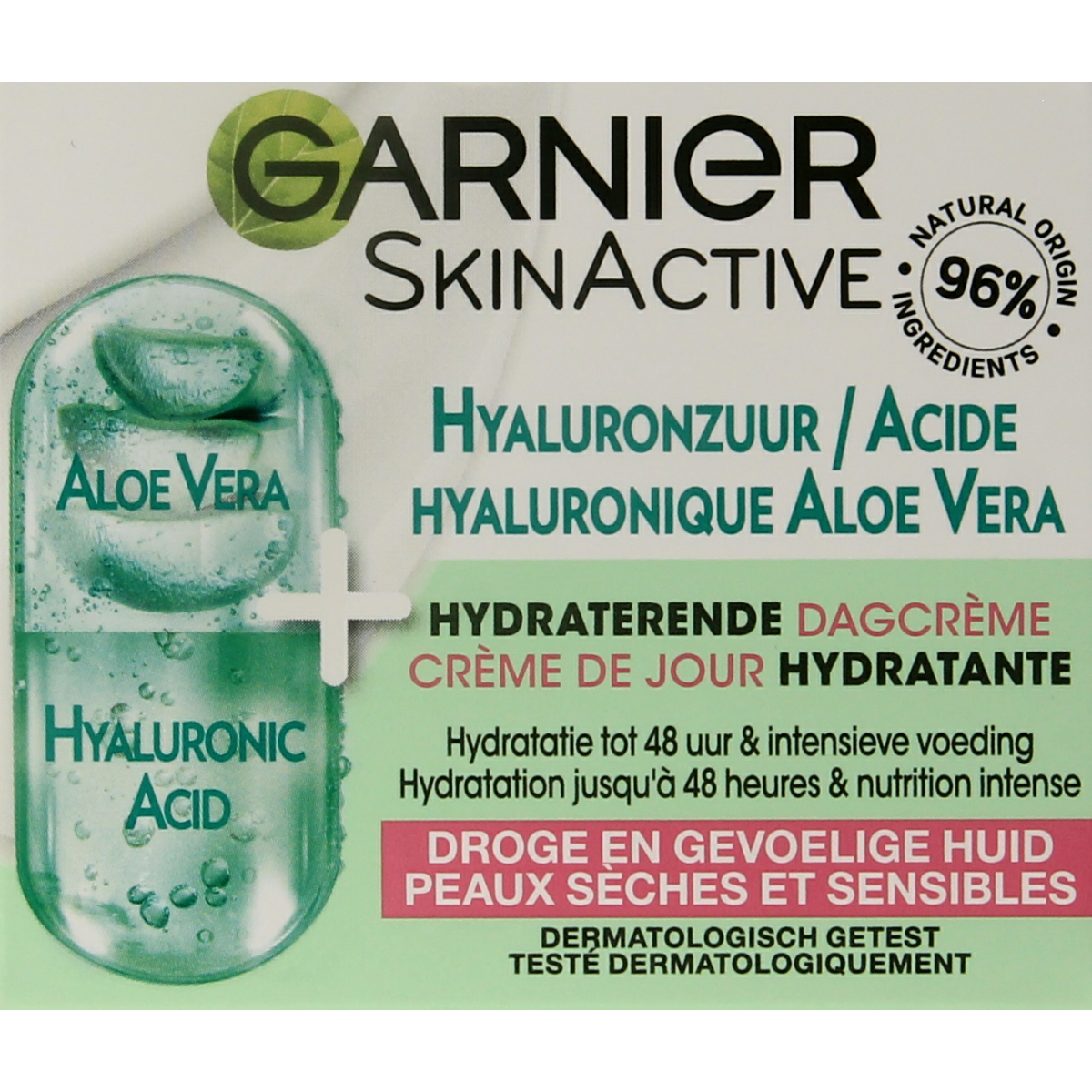 Garnier SkinActive hyaluronic acid and aloe vera facial cream in a 50ml jar, suitable for hydrating and soothing skin.