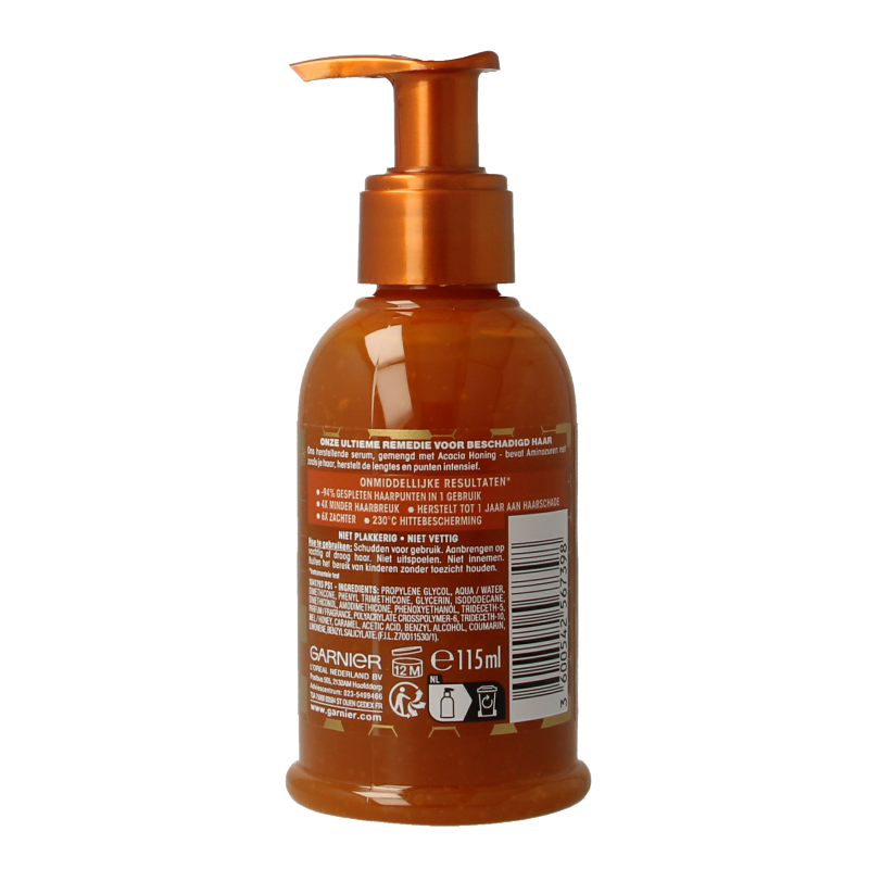Garnier Honing Goud haarserum in 115ml bottle, hair care product with a golden-colored serum for nourishing and shiny hair.