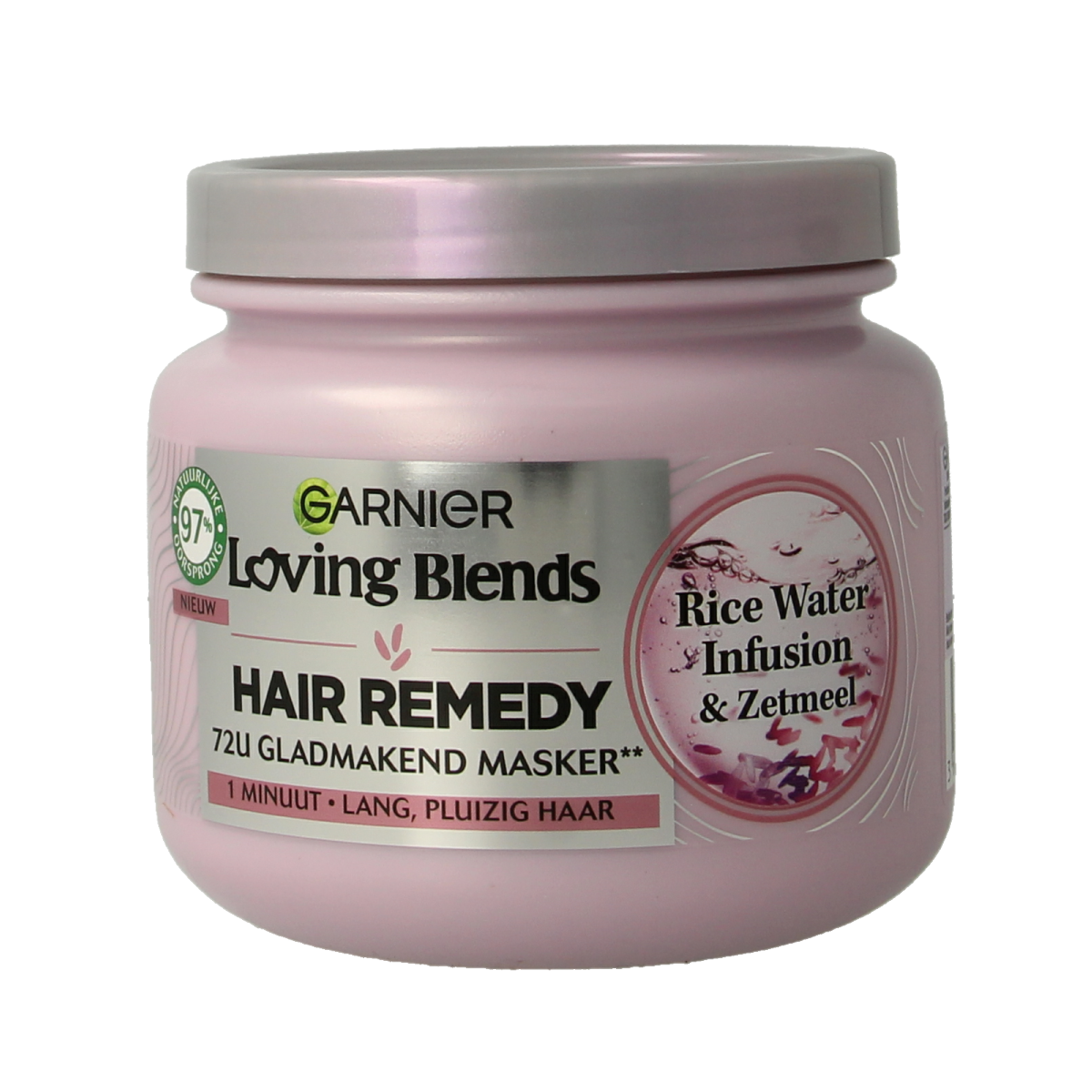 Garnier Loving Blends rice water infusion hair mask in 340ml jar, nourishing hair care product with natural ingredients.