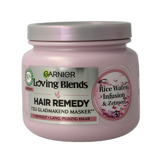 Garnier Loving Blends rice water infusion hair mask in 340ml jar, nourishing hair care product with natural ingredients.
