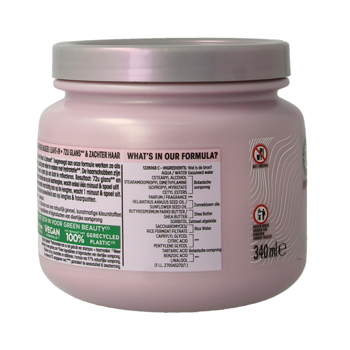 Garnier Loving Blends rice water infusion hair mask in 340ml jar, nourishing hair care product with natural ingredients.