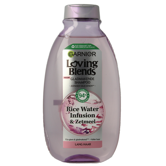 Garnier Rice Water Shampoo 300ml, hair care product with a clear bottle and label showcasing rice water ingredients.