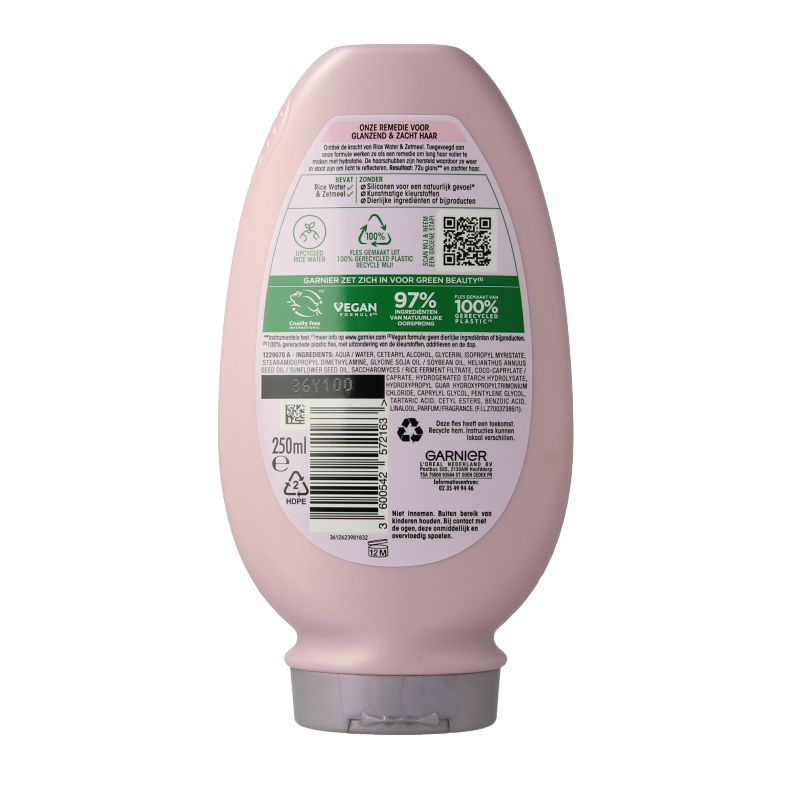Garnier Rice Water Conditioner 250ml bottle, Haarverzorging product with a white and green label featuring rice water illustration.