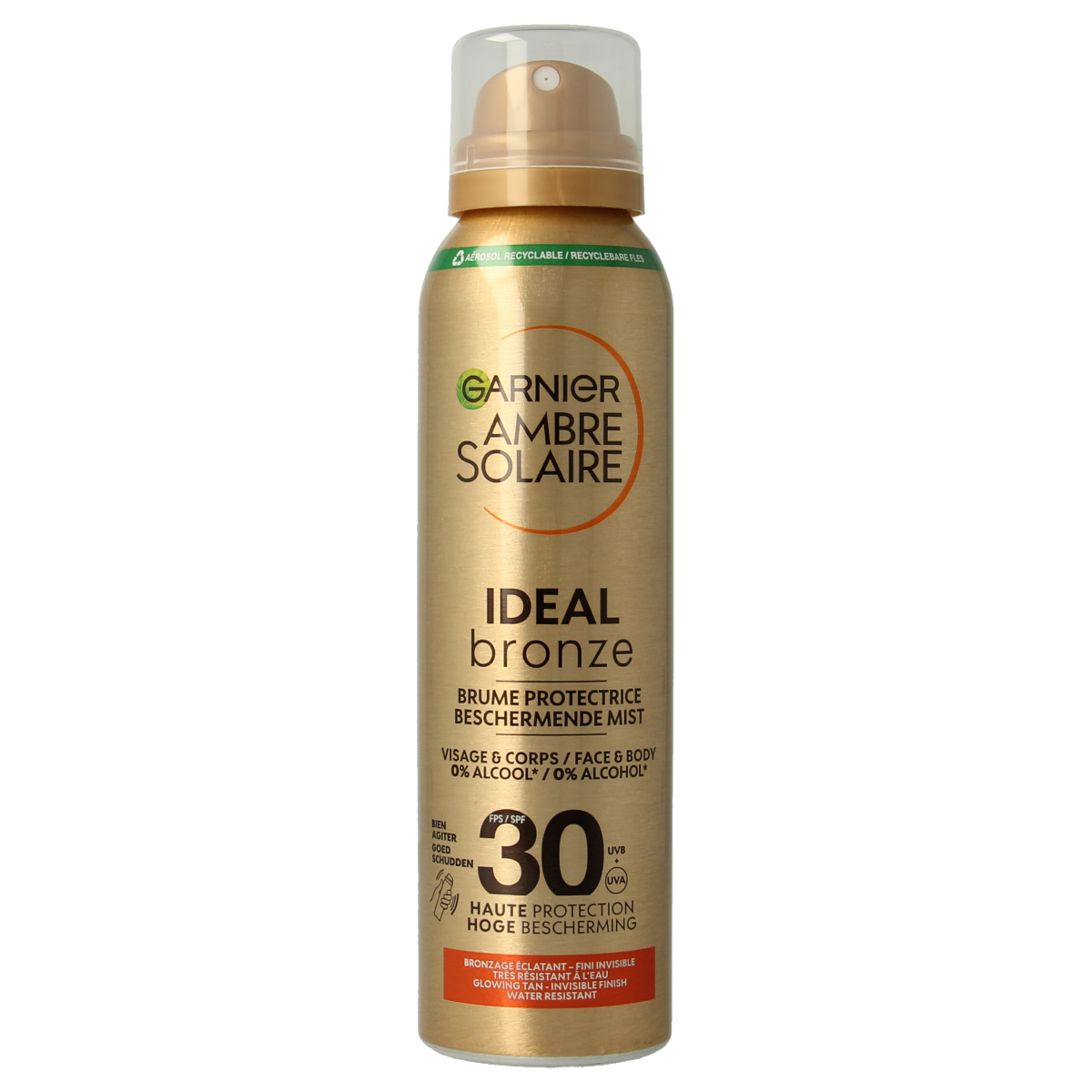 Ambre Solaire Ideal Bronze SPF30 sun mist in a 150ml bottle, designed for a natural bronzed glow during sun exposure.