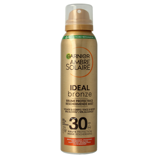 Ambre Solaire Ideal Bronze SPF30 sun mist in a 150ml bottle, designed for a natural bronzed glow during sun exposure.