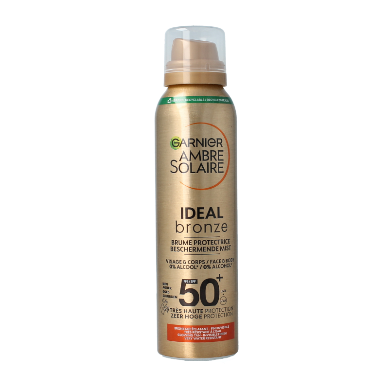 Ambre Solaire Mist Ideal Bronze SPF50 sun tanning spray in 150ml bottle, designed for sun protection and bronzing.