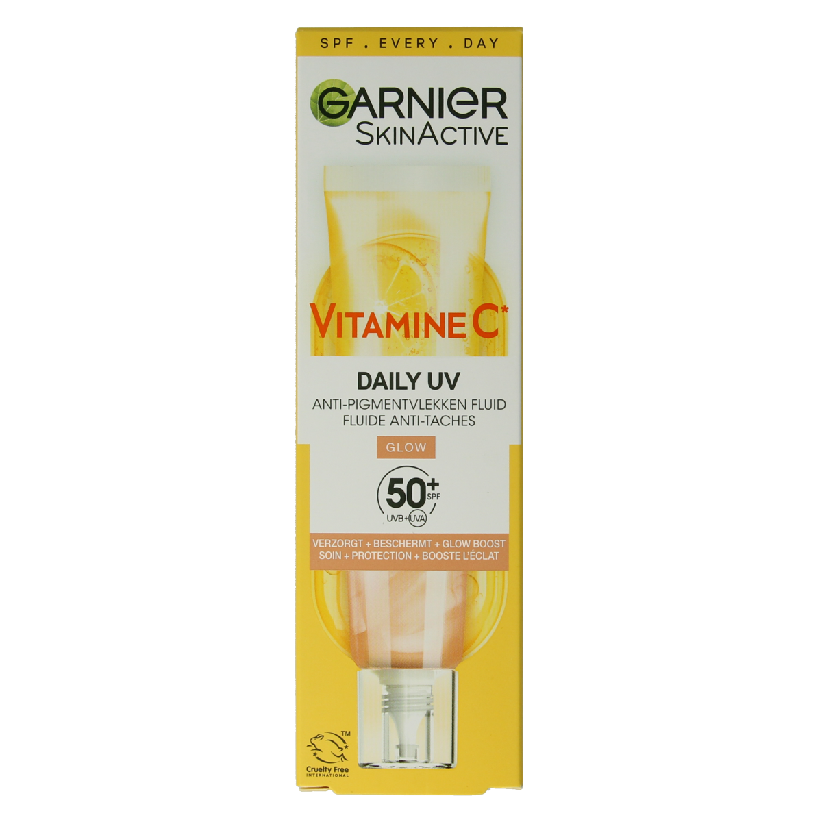 Garnier SkinActive Vitamin C Glowy UV Fluid SPF50+ facial moisturizer in 40ml bottle, with brightening and sun protection features.