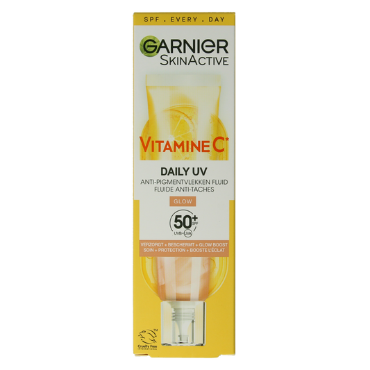 Garnier SkinActive Vitamin C Glowy UV Fluid SPF50+ facial moisturizer in 40ml bottle, with brightening and sun protection features.