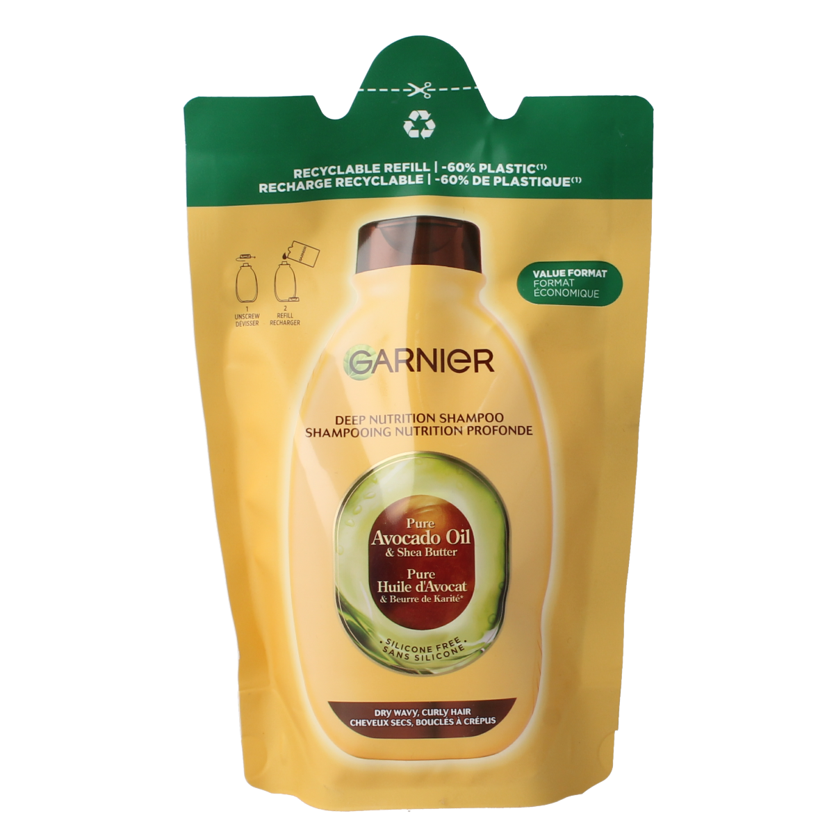 Garnier Loving Blends avocado shea hair care refill bottle, 250ml, for nourishing shampoo with natural ingredients.