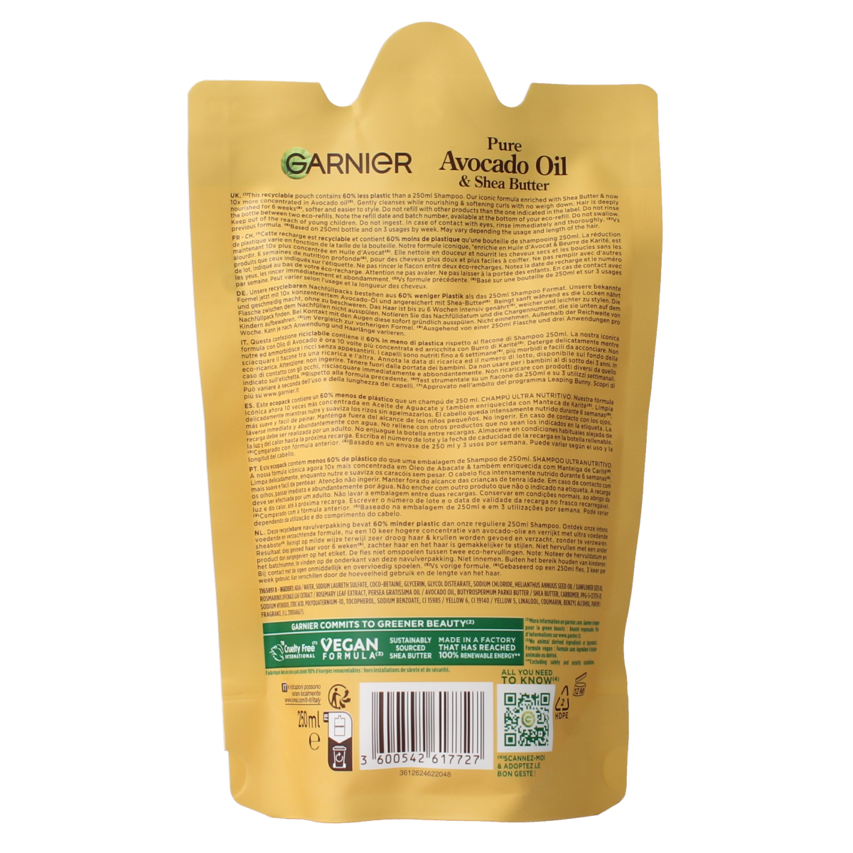 Garnier Loving Blends avocado and shea shampoo refill bottle, 250ml, for nourishing hair care.
