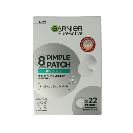 Garnier Pureactive pimple patches in a box, clear and small, designed for facial acne treatment, featuring the Garnier logo.