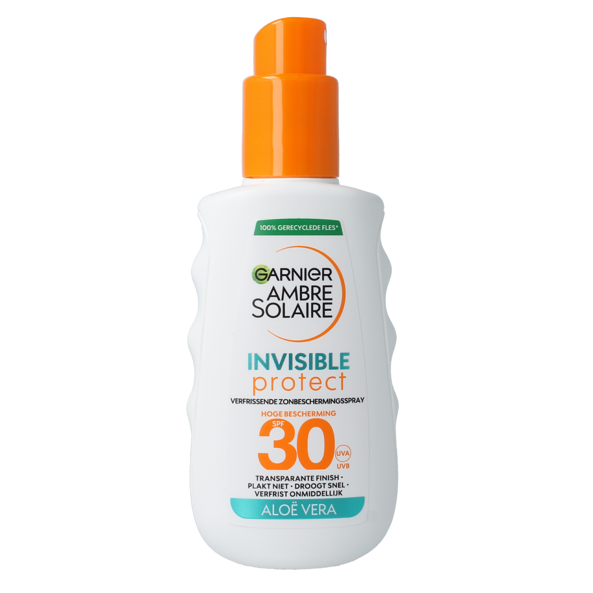 Ambre Solaire Invisible Protect SPF30 transparent spray sun protection bottle, 150ml, with clear spray nozzle.