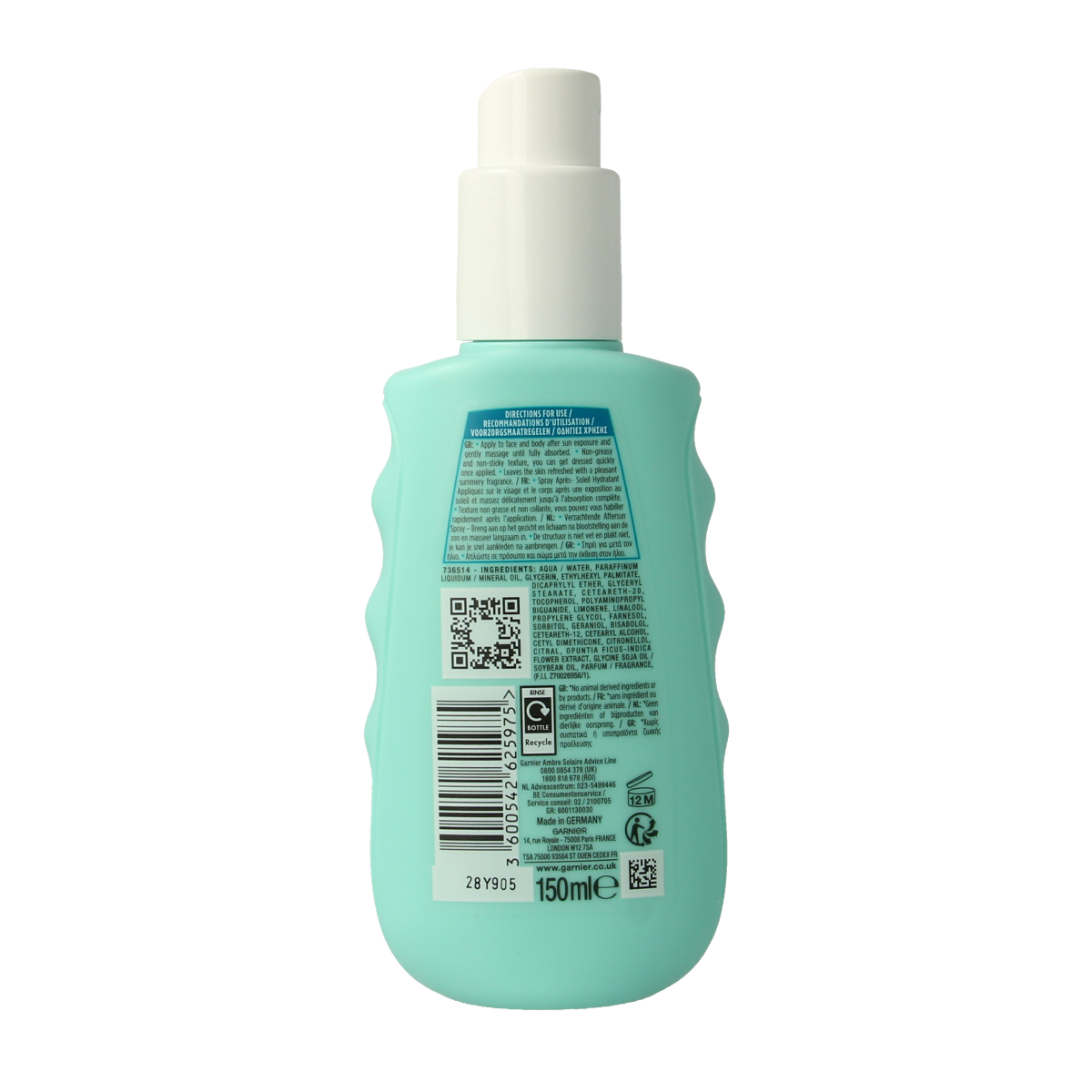 Ambre Solaire Aftersun melk spray in 150ml bottle, sun protection after sunbathing, easy-to-apply sun care product.