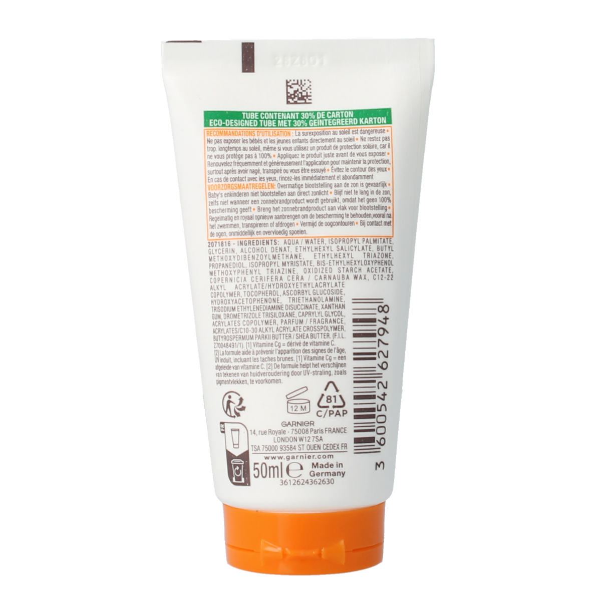 Ambre Solaire Hydraterende zonnebrandmelk SPF30, 50ml, protecterende zonne-actie met hydraterende formule in een witte fles.