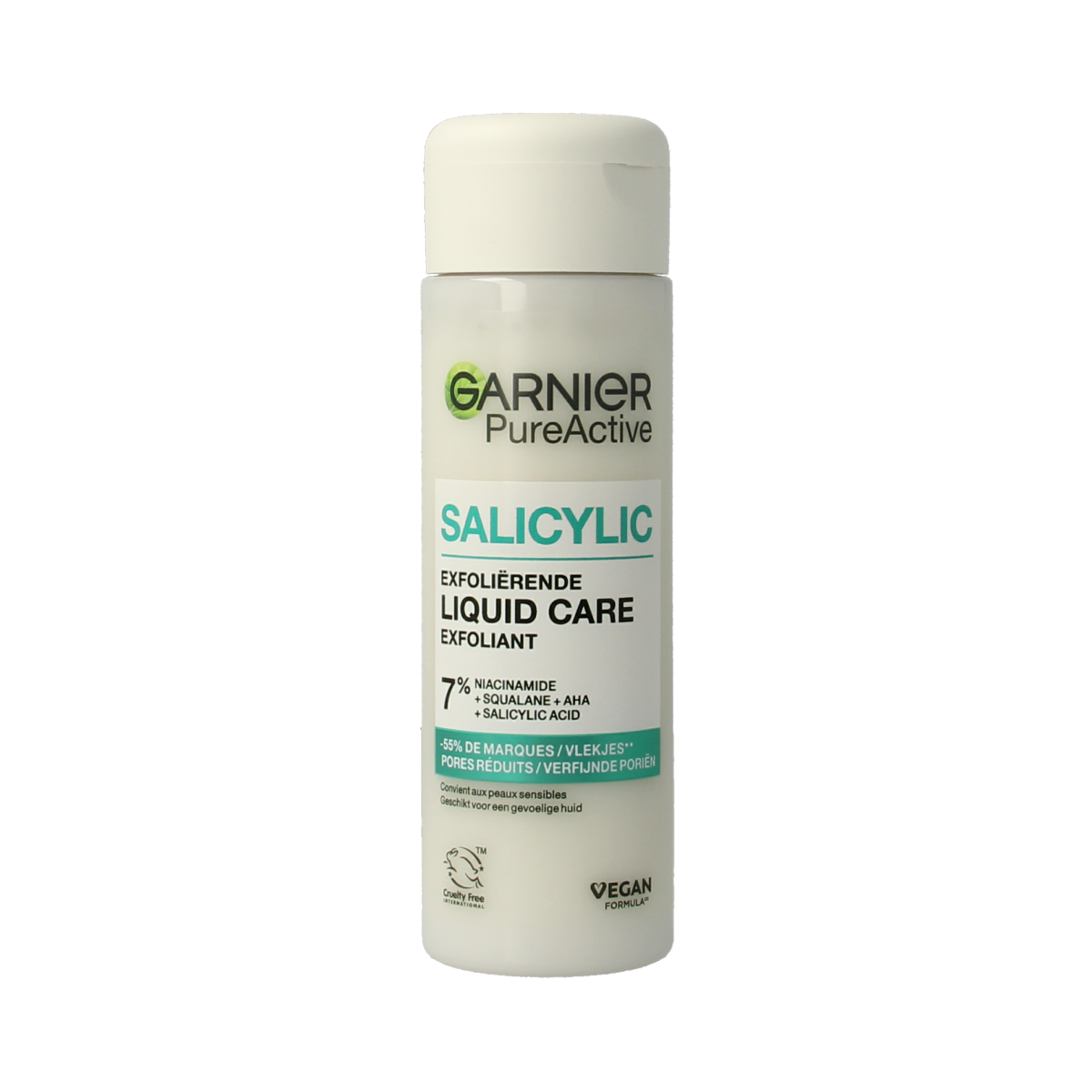 Garnier PureActive salicylic exfoliating liquid care in 120ml bottle, facial skincare product with clear liquid and label.