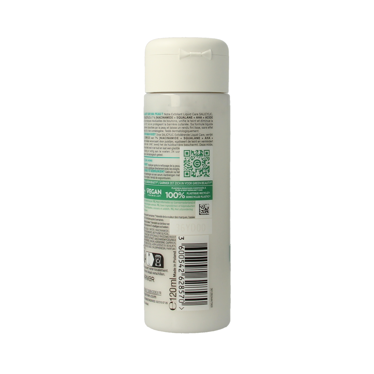 Garnier PureActive salicylic exfoliating liquid care for face in 120ml bottle, facial skincare product with clear liquid inside
