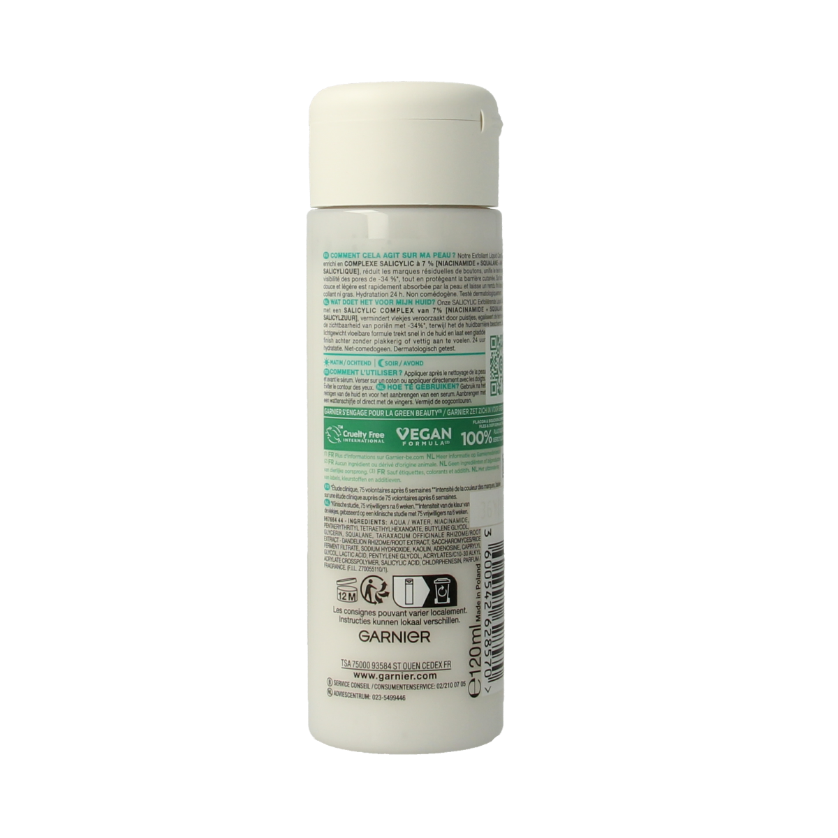 Garnier PureActive salicylic exfoliating liquid care for facial skin, 120ml bottle with clear liquid and pump dispenser.