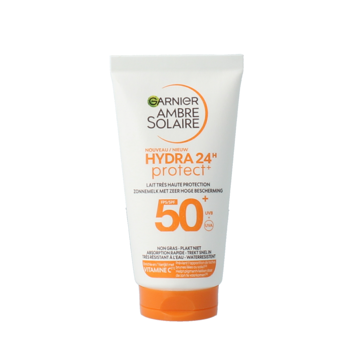 Ambre Solaire Hydraterende melk protect SPF50+ zonnebrandlotion in 50ml bottle, hydrating sun protection for skin.
