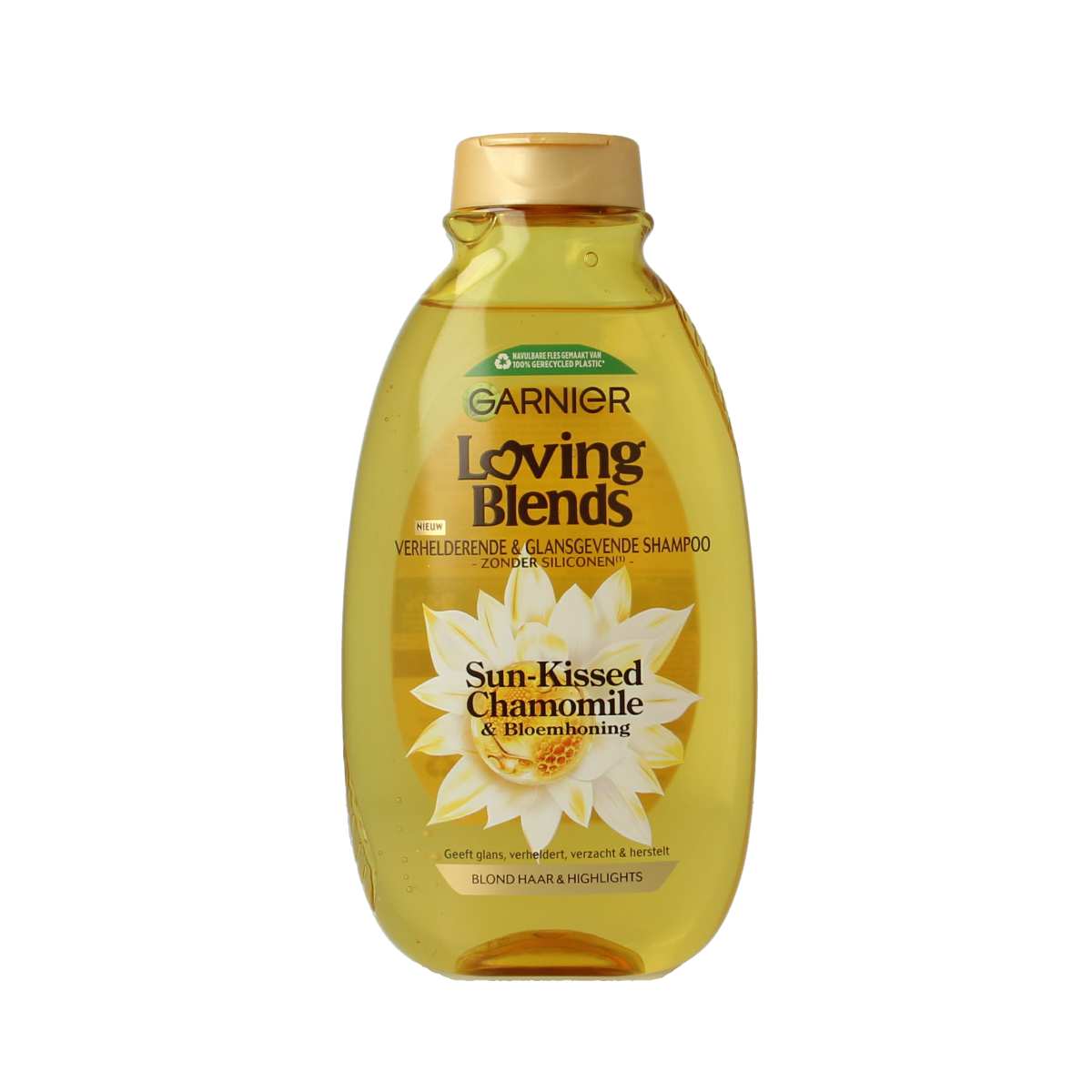 Garnier Loving Blends chamomile shampoo bottle, 300ml, for hair care with natural chamomile ingredients.