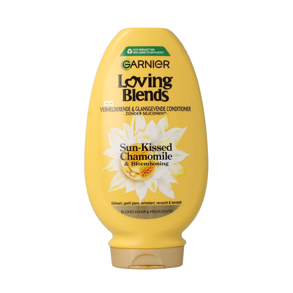Garnier Loving Blends chamomile conditioner bottle for hair care, 250ml, with a white and yellow label and floral design.