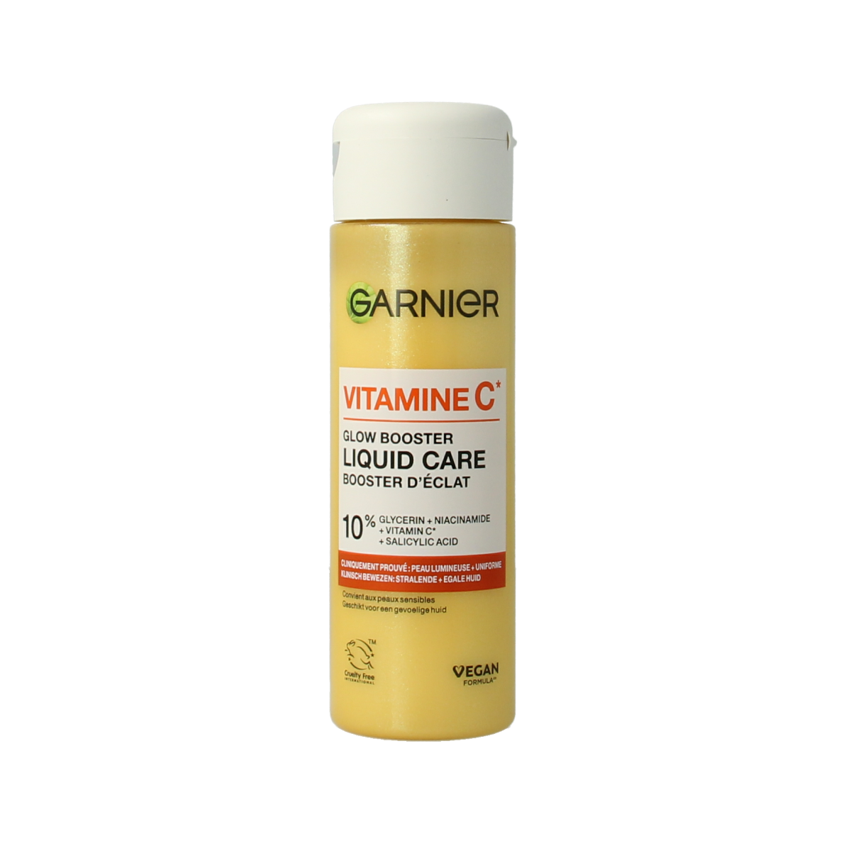 Garnier Vitamin C glow booster liquid facial care bottle, 120ml, featuring brightening skincare for radiant skin.