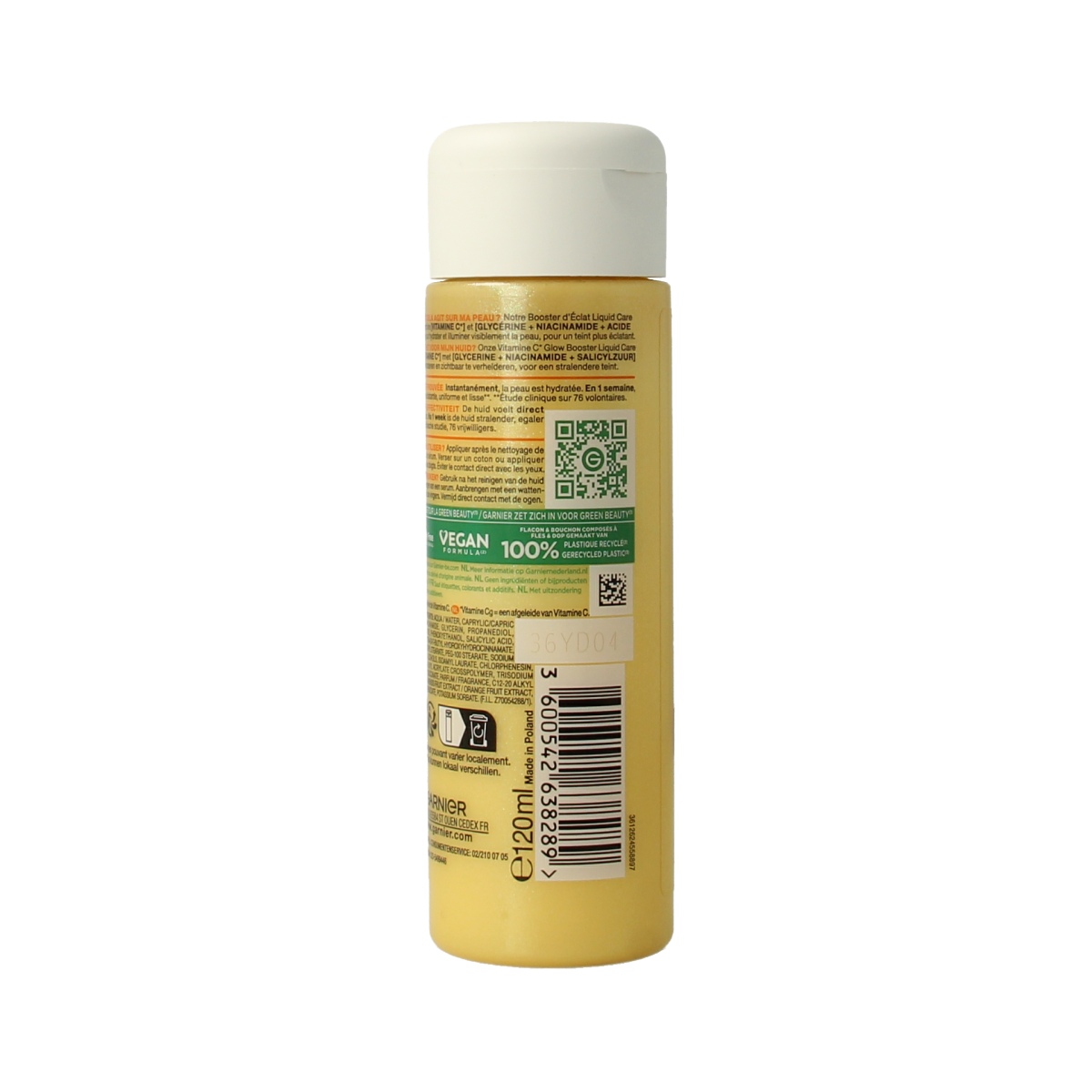Garnier Vitamin C glow booster liquid face care bottle, 120ml, with brightening and nourishing properties for radiant skin.