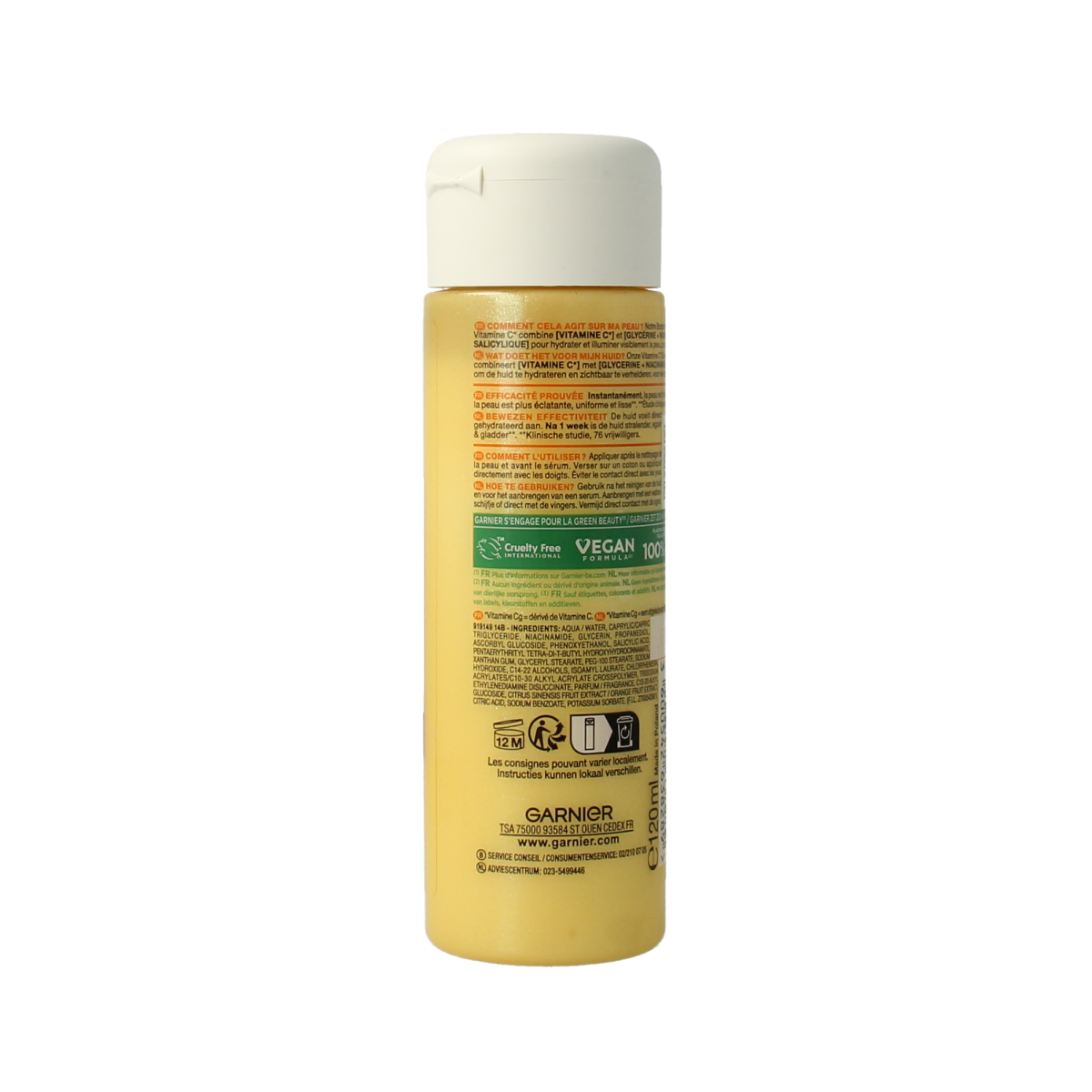 Garnier Vitamin C glow booster liquid care in a 120ml bottle, facial skincare product with brightening and hydrating benefits.