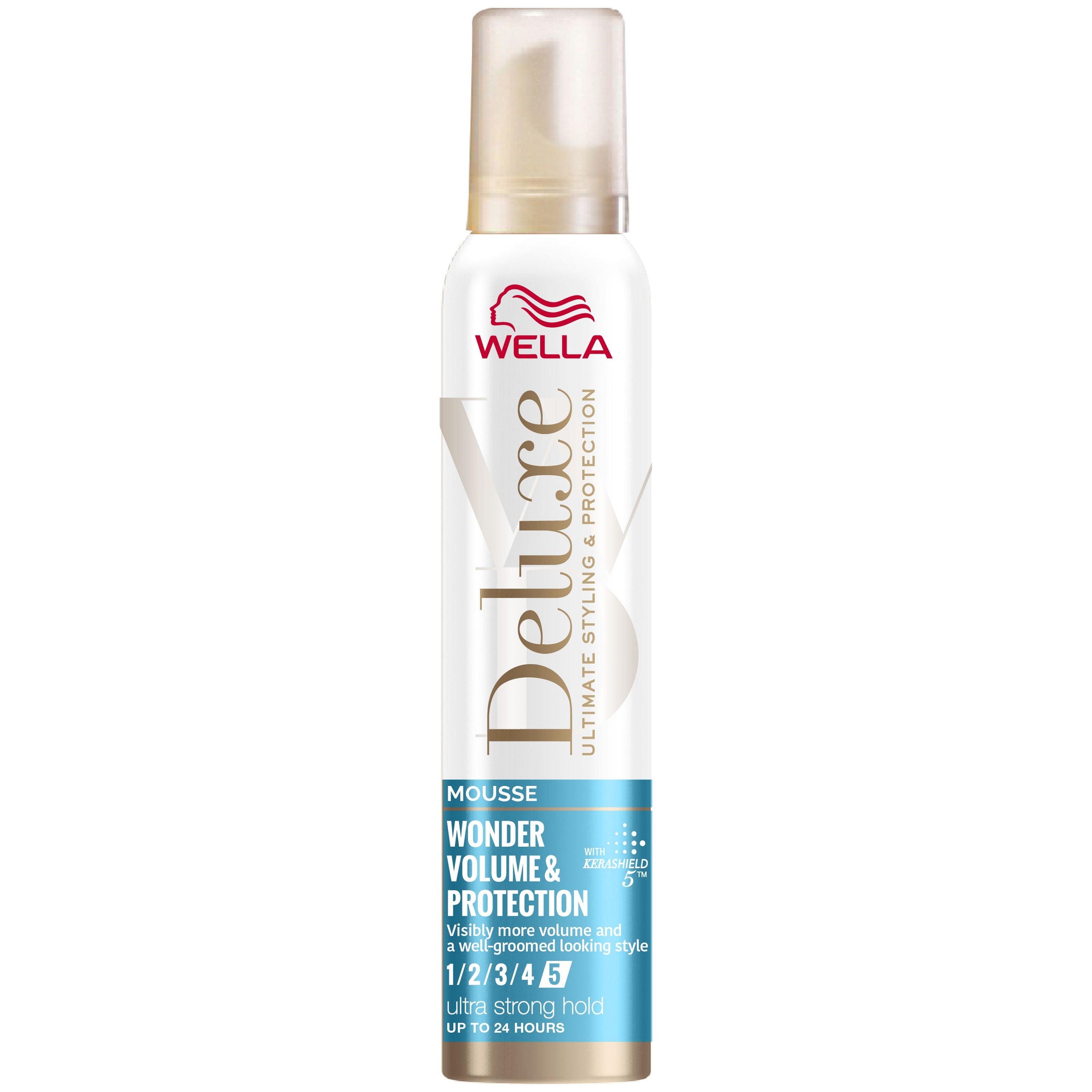 Wella Deluxe Mousse for volume and protection, 200ml, hair styling product with foamy texture in a white bottle with a pump
