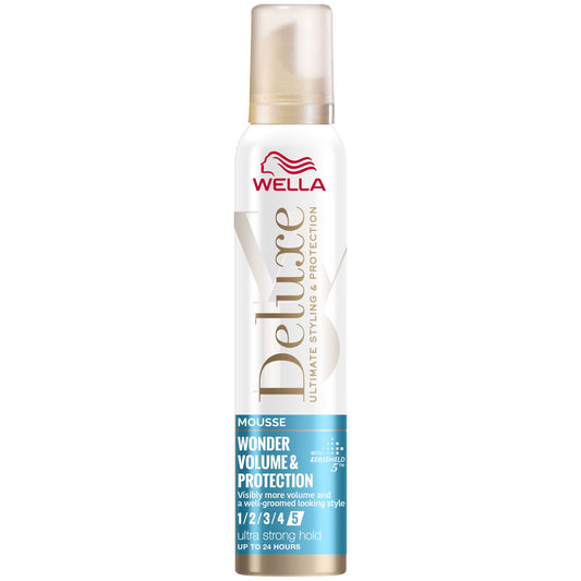 Wella Deluxe Mousse for volume and protection, 200ml, hair styling product with foamy texture in a white bottle with a pump