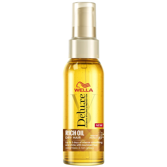 Wella Deluxe Rich Oil hair styling product in a 100ml bottle, designed to nourish and smooth hair for a polished look.