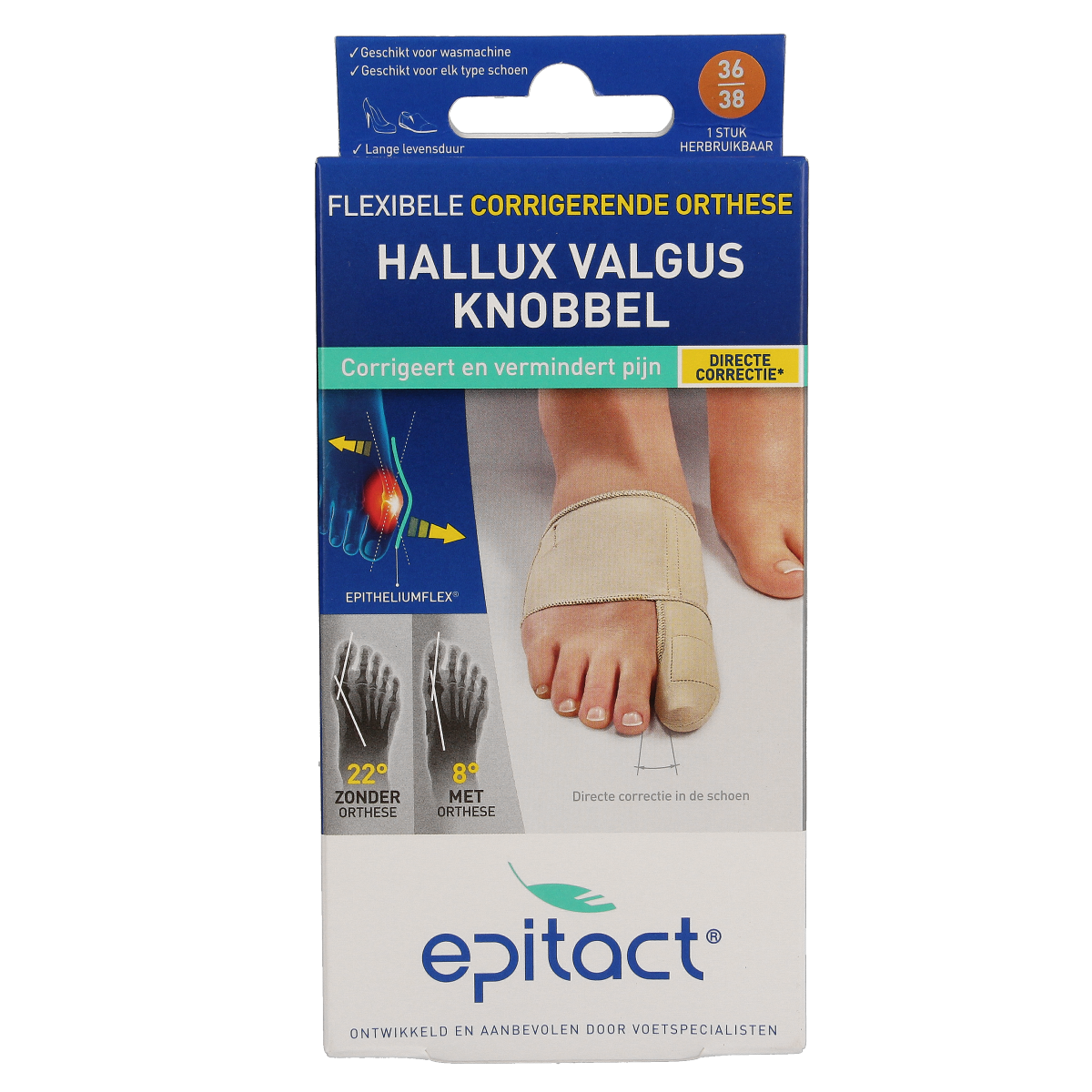Epitact Hallux valgus orthese in size 36/38, designed to correct bunions, shown on a white background.